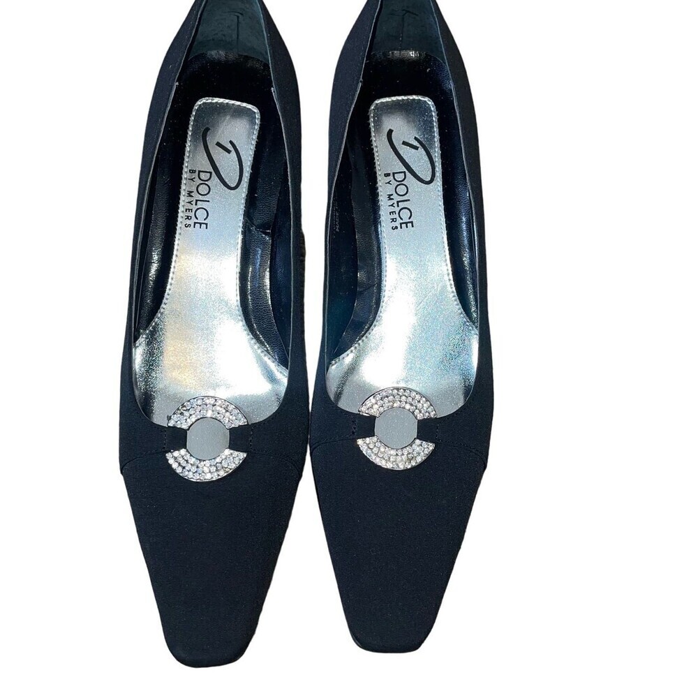 Dolce by Myers suede black heels suede square toe rhinestone circle detail 7.5